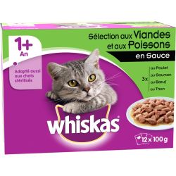 Whiskas Repas Pour Chat Sélection Aux Viandes Et Poissons En Sauce 4 Variétés. 12 X 100 G