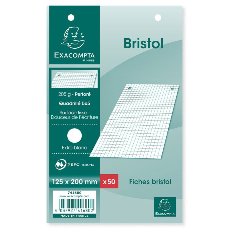 Exacompta Fiches Bristol Blanches Petits Carreaux 12,5X20Cm X50