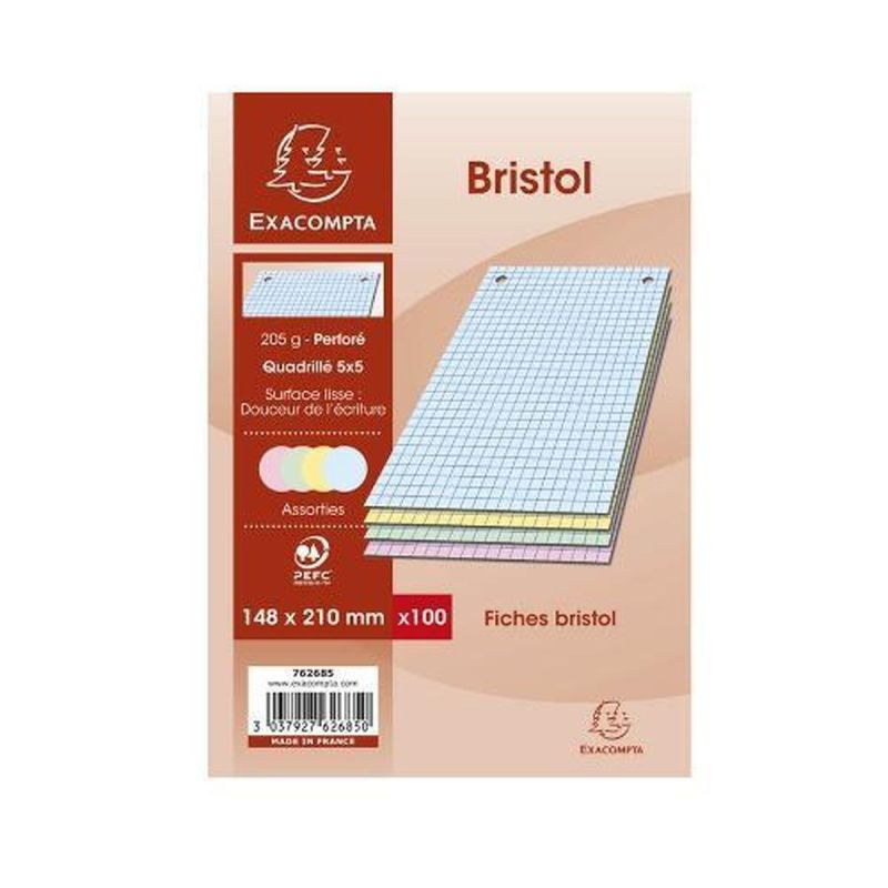 Exacompta Fiches Bristol Couleurs Petits Carreaux 14,8X21Cm : Le Lot De 100