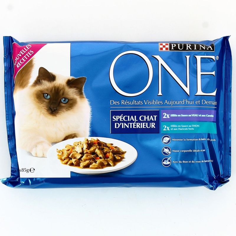 Purina One Spécial Chat D'Intérieur - Effilés En Sauce : Veau, Thon 4X85G