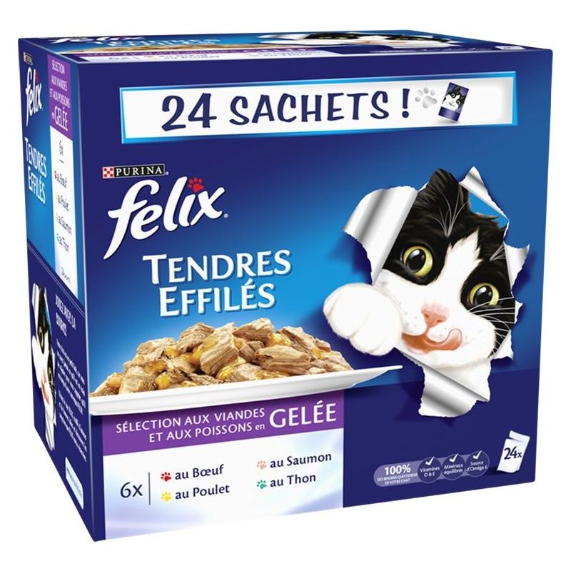 Felix Pâtée Pour Chat Effilés/Viandes Poissons : Les 24 Sachets De 100 G