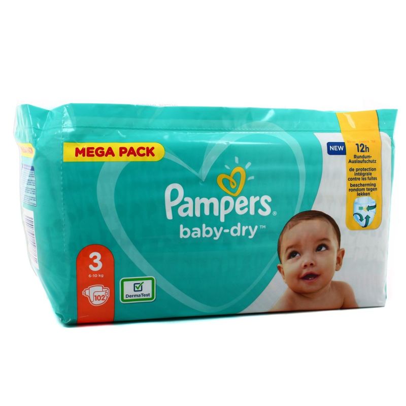Pampers Couches Bébé 6-10 Kg Baby Dry Taille 3 : Le Paquet De 102