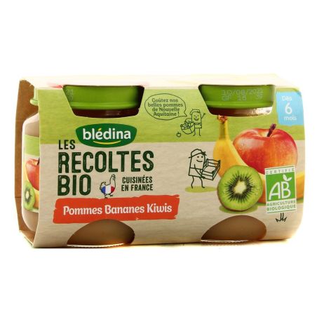 Blédina Les Récoltes Bio Compotes Bébé Pomme Banane Kiwi Dès 6 Mois : 2 Pots De 130 G