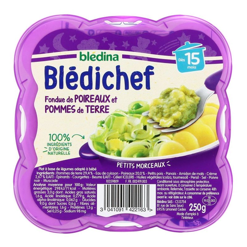 Blédina Bledichef Plat Bébé Dès 15 Mois Fondue De Poireaux Et Pommes Terre : La Barquette 250G