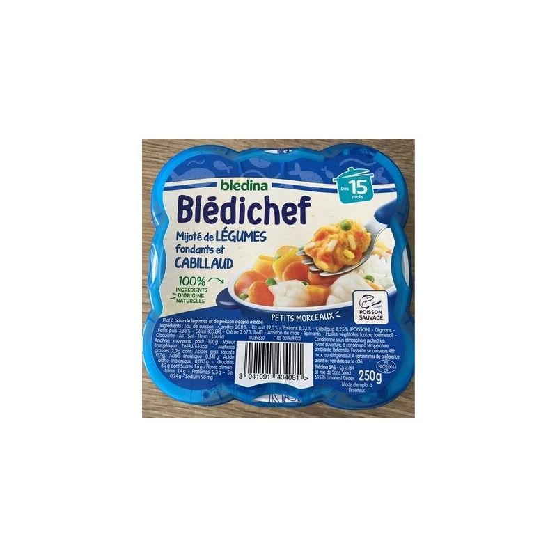 Blédina Blédichef Plat Bébé Dès 15 Mois Mijoté De Légumes Fondants Et Cabillaud : La Barquette 250G