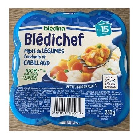 Blédina Blédichef Plat Bébé Dès 15 Mois Mijoté De Légumes Fondants Et Cabillaud : La Barquette 250G