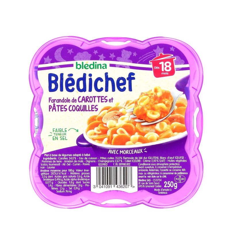 Bledina bledichef farandole de carottes et pâtes coquilles dès 18mois 250g