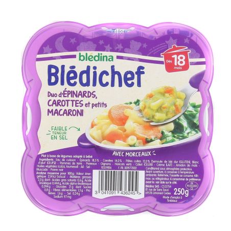 Blédina Blédichef Plat Bébé Dès 18 Mois D'Épinards, Carottes Et Petits Macaroni : La Barquette De 250G