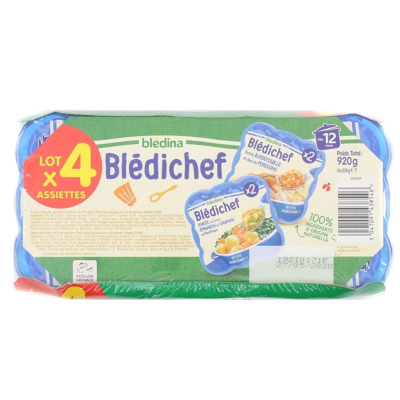 Blédina Blédichef Plat Bébé Dès 12 Mois, Epinards, Saumon Du Pacifique, Ratatouille, Poissons, Les 4 Barquettes De 230G