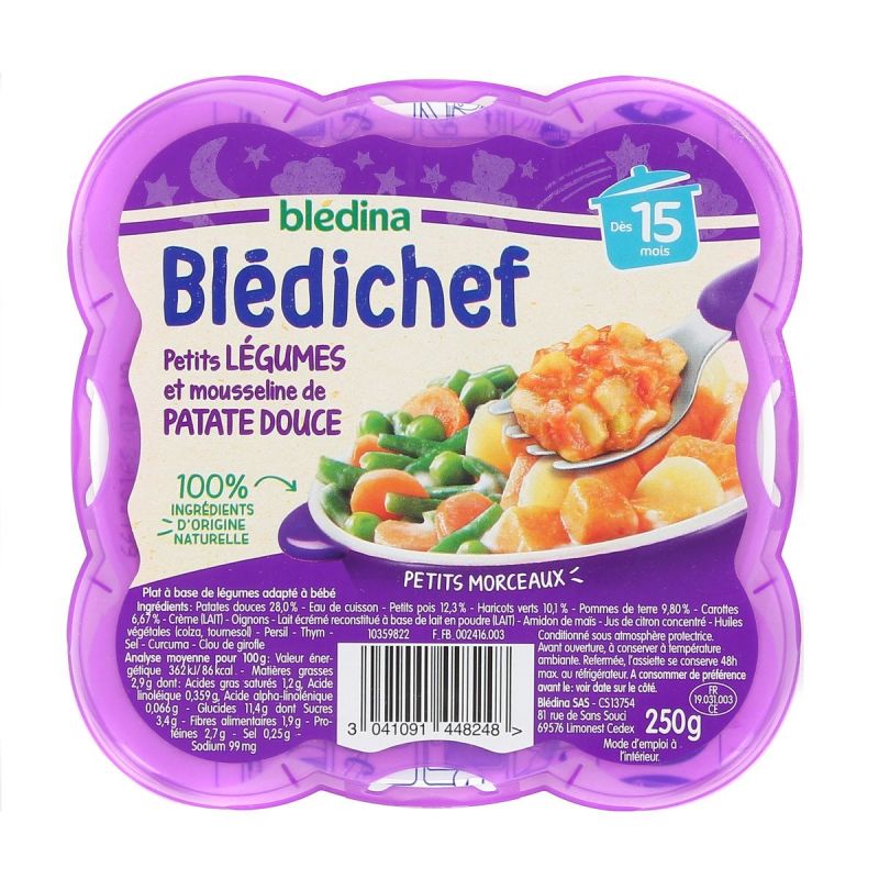 Blédina Blédichef Plat Bébé Dès 15 Mois Petits Légumes, Mousseline De Patate Douce, La Barquette 250G