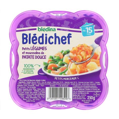 Blédina Blédichef Plat Bébé Dès 15 Mois Petits Légumes, Mousseline De Patate Douce, La Barquette 250G