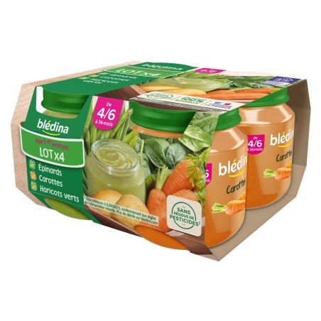 Blédina Pots 2 Carottes, 1 Haricots Verts, Epinards Dès 4/6 À 36 Mois Pack De 130 G X 4 - 520