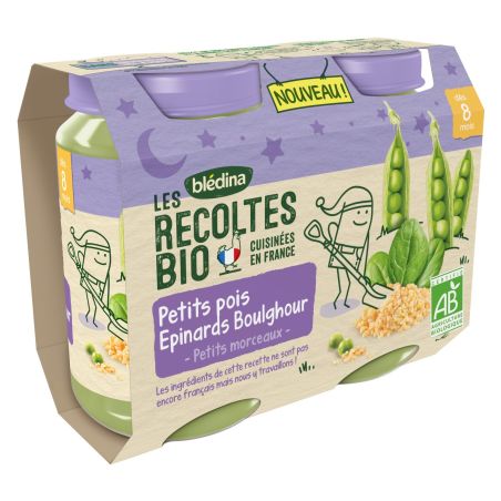 Blédina Les Récoltes Bio Petits Pois Epinards Boulghour Dès 8 Mois : Pack De 200 G X 2 - 400