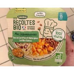 Blédina Les Récoltes Bio Repas Bébé Dès 15 Mois Duo De Carottes Et Aubergines Lentilles Quinoa : La Barquette 250G