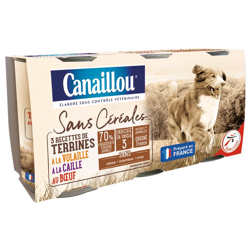 Canaillou Sans Céréales Terrines volaille caille Boeuf pour chien 3X400G