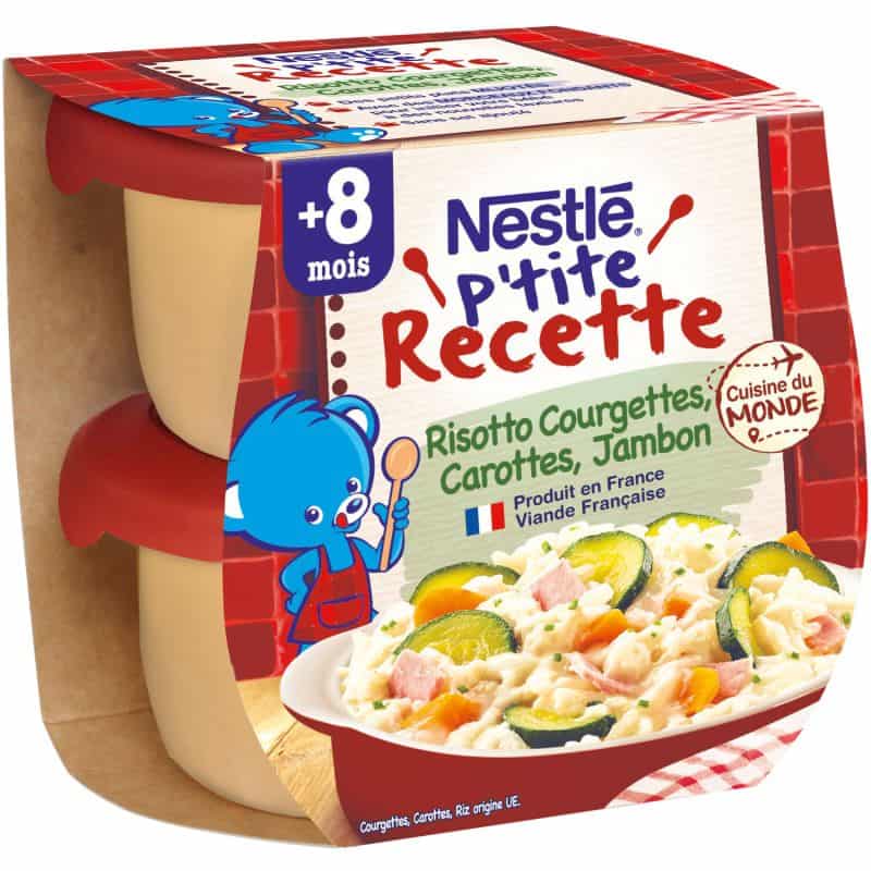 Nestlé Plat bébé dés 8 mois, risotto Coeurgettes carottes jambon P'Tite Recette : le lot de 2 plats de 200g