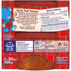Nestlé Plats bébé 15+ mois légumes poulet Basquaise : les 2 pots de 200g