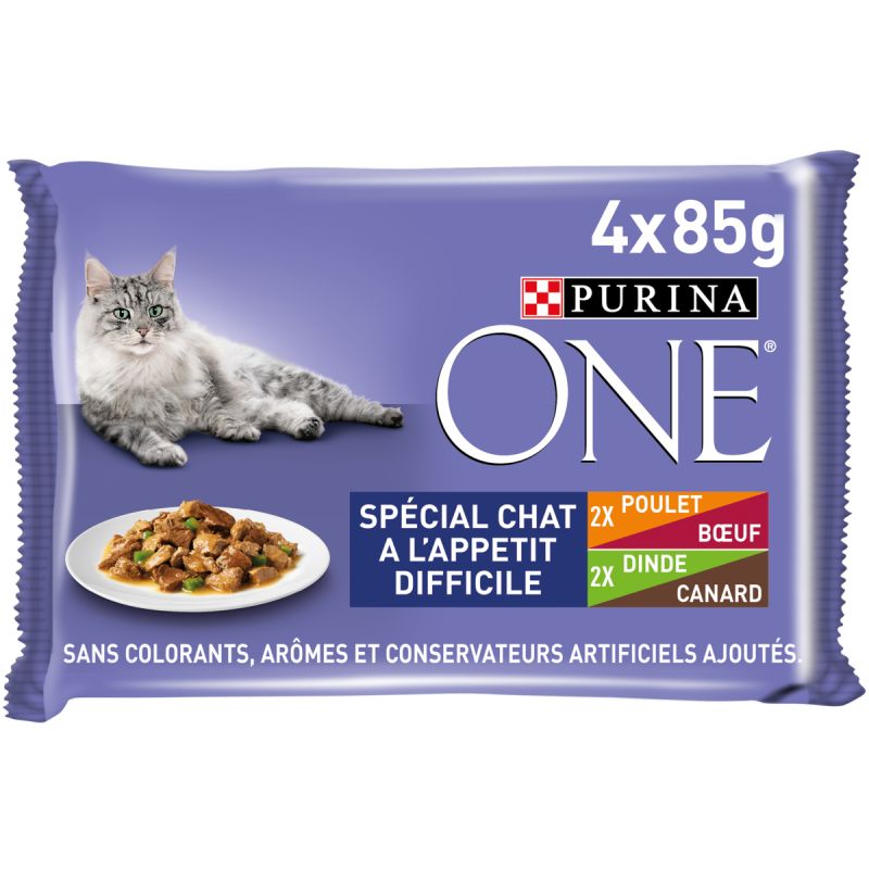 Purina One Spécial Chat À L'ApP'Tit Difficile - Effilés En Sauce : Poulet-Boeuf, Dinde-Canard 4X85G