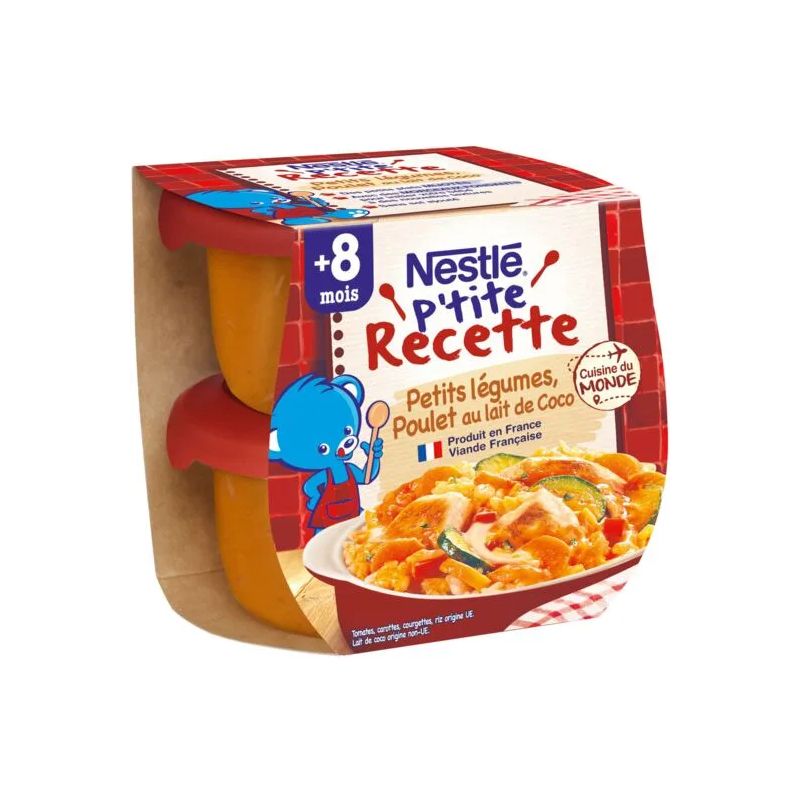 Nestlé Plat bébé dés 8 mois, P'Tits légumes poulet au lait de coco P'Tite Recette : le lot de 2 plats de 200g