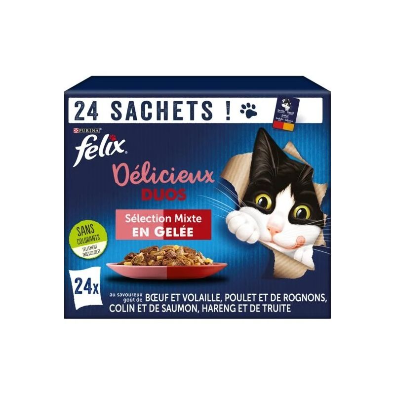 Felix Pâtée pour chat adulte duo en gelée : la boite de 24 sachets de 85g