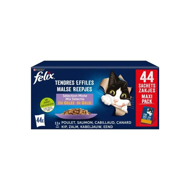 Felix Pâtée pour chat adulte tendres effilés en gelée : la boite de 44 sachets de 85g