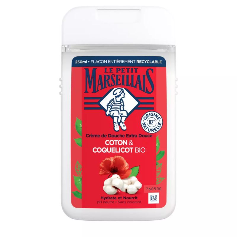 Le Petit Marseillais Gel Douche crème extra doux lait de coton & coquelicot : le flacon de 250mL