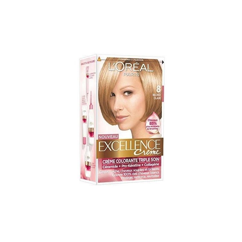L'Oréal Paris Excellence Crème Coloration Permanente Triple Soin 100% Couverture Cheveux Blancs Nuance 8 Blond Clair