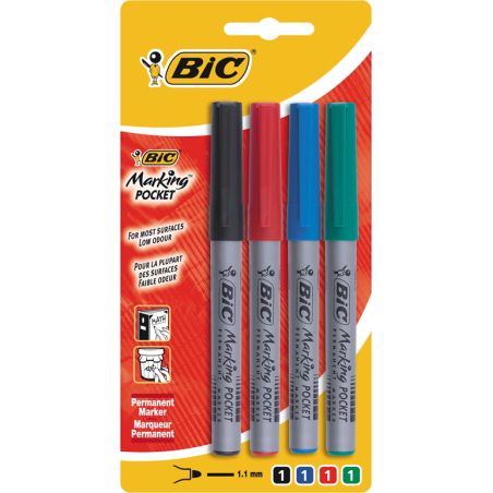 Bic Marking Fine Ecolutions Marqueurs Permanents À Pointe Conique - Couleurs Assorties, Blister De 4