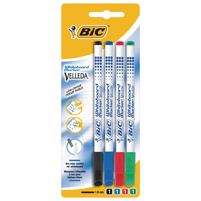 Bic Lot De 4 Marqueurs Effaçables Velleda 1721 Pointe Ogive Fine Couleurs