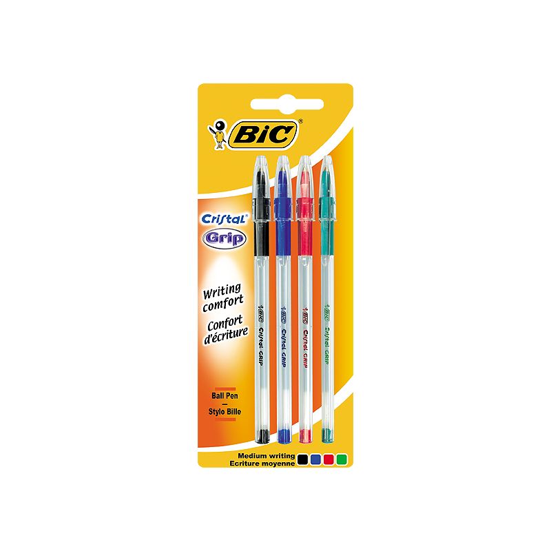 Bic Stylos-Bille Pointe Moyenne Bleu/Noir/Rouge/Vert Cristal Grip (Lot De 4)