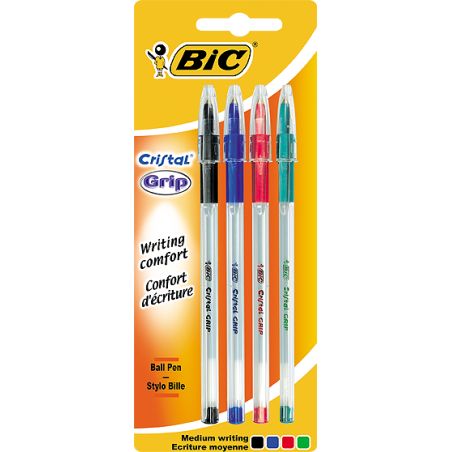 Bic Stylos-Bille Pointe Moyenne Bleu/Noir/Rouge/Vert Cristal Grip (Lot De 4)