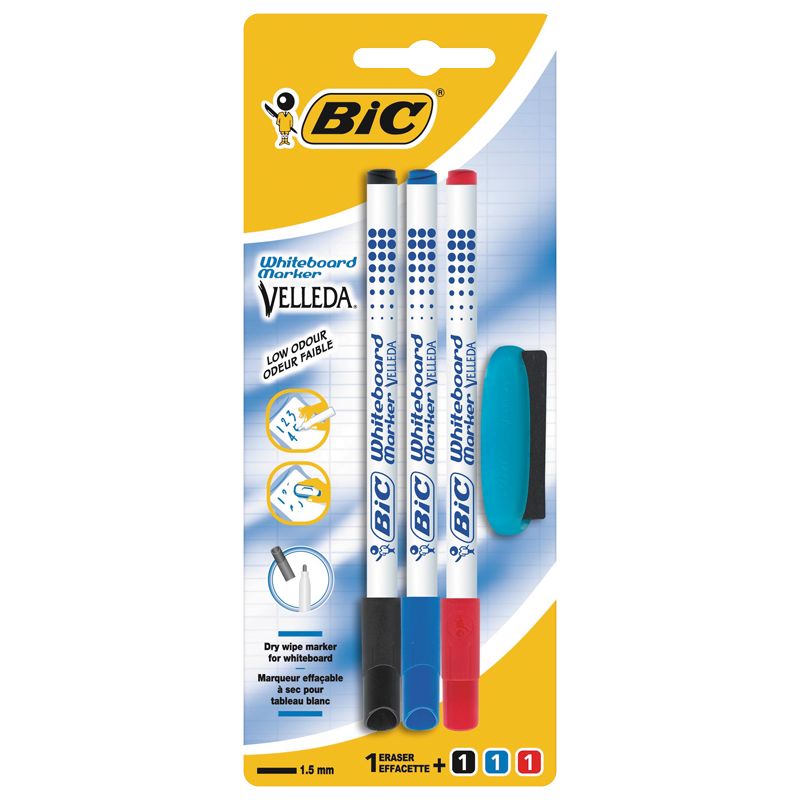 Bic Feutres Effaçables À Sec Pour Tableau Blanc Bleu/Noir/Rouge + 1Effacette Velleda 1721 (Lot De 3 1)