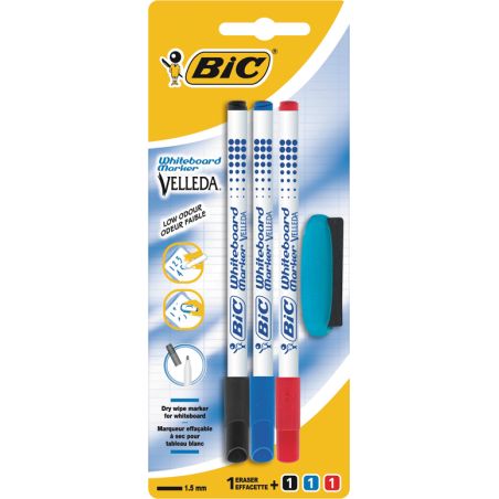 Bic Feutres Effaçables À Sec Pour Tableau Blanc Bleu/Noir/Rouge + 1Effacette Velleda 1721 (Lot De 3 1)
