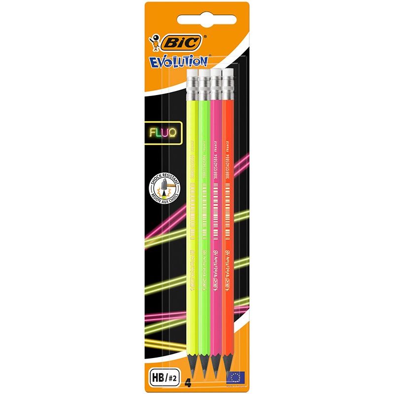 Bic Fluo Crayon Evolution Hb, Avec Gomme Corps Blister À 4 Couleurs Assorties Lot De