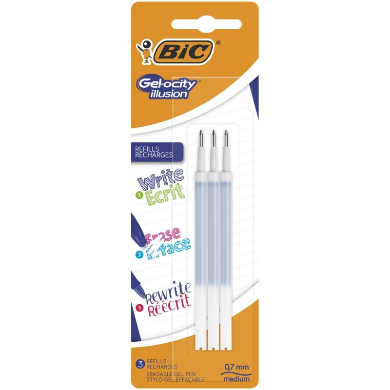 Bic Gel-Ocity Illusion Recharges Stylo Gel Effaçable Pointe Moyenne (0,7 Mm) - Bleu, Blister De 3