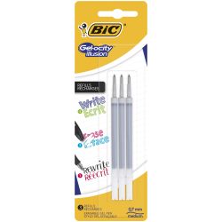 Bic Gel-Ocity Illusion Recharges Stylo Gel Effaçable Pointe Moyenne (0,7 Mm) - Noir, Blister De 3