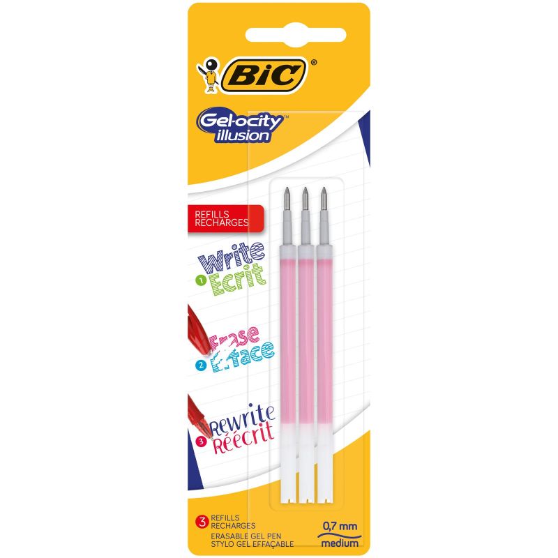Bic Gel-Ocity Illusion Recharges Stylo Gel Effaçable Pointe Moyenne (0,7 Mm) - Rouge, Blister De 3