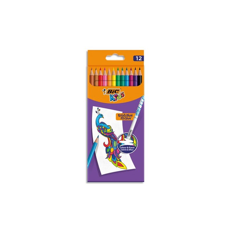 Bic Pochette De 12 Crayons Couleur Kids Evolution Illusion Corps Rond Assortis, Effaçable Bout Gomme