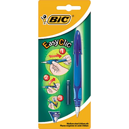 Bic Stylo Plume Easyclic Medium + Cartouche D'Encre Bleu