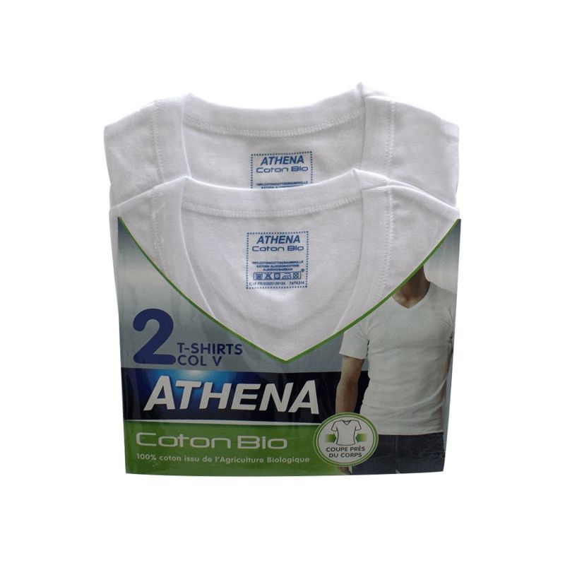 Athena T-Shirt Homme Blanc Col V T4 Coton Bio : Le Lot De 2 T-Shirts