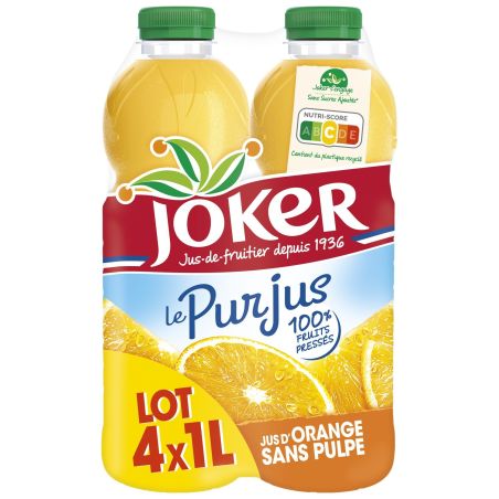 Joker Jus D'Orange Sans Pulpe Sucres Ajoutés : Le Pack De 4 Bouteilles D'1L