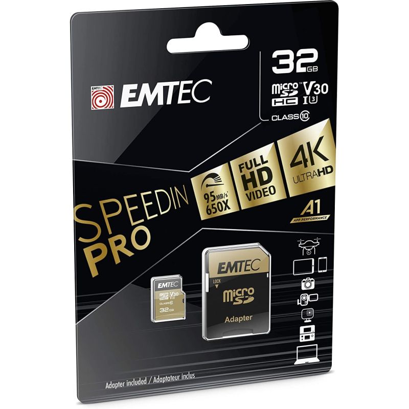 Emtec Ecmsdm32Ghc10Sp- Carte Microsd - Gamme Speedin Uhs-I U3 Avec Adaptateur Ultra Haute Performance 95Mb/S 32 Gb