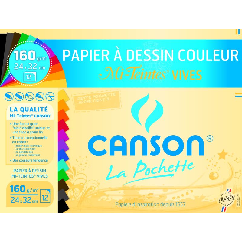 Canson 12 Feuilles Papier Dessin Mi-Teintes, 320 X 240 Mm, Assorti Vives
