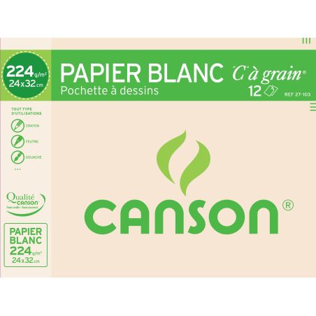 Canson Pochette C À Grain Papier Dessin 12 Feuilles 224 G 24 X 32 Cm Blanc Naturel