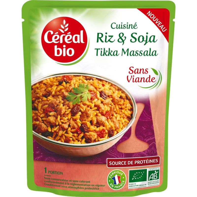 Céréal Bio Riz Et Soja Cuisinés Tikka Massala Sans Viande En Poche 220G
