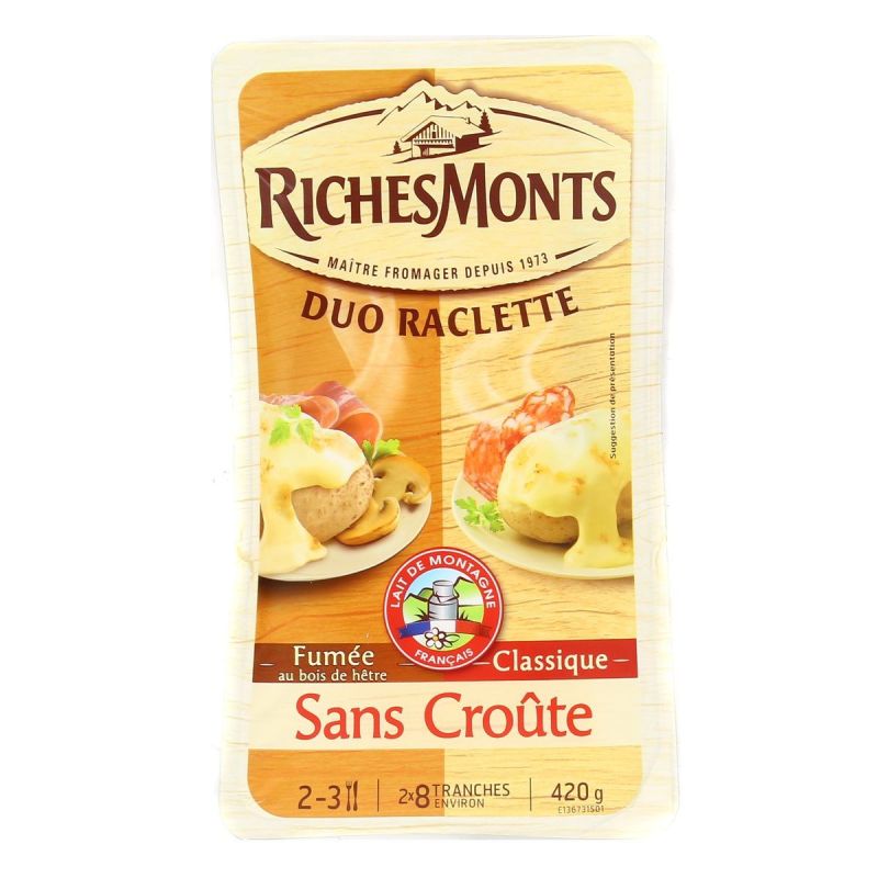 Riches Monts 420G Fromage En Tranches À Raclette Classique Et Fumée Sans Croûte