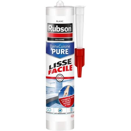 Rubson Mastic Bain, Cuisine Pure Lissage, Sanitaire Blancheur Longue Durée, Joint D’Étanchéité Anti-Moisissures, Blanc, 280 Ml