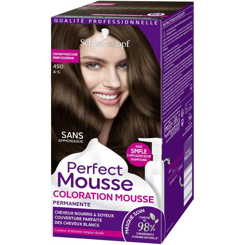 Schwarzkopf Perfect Mousse Coloration Permanente Cheveux Châtain Foncé Doré 450