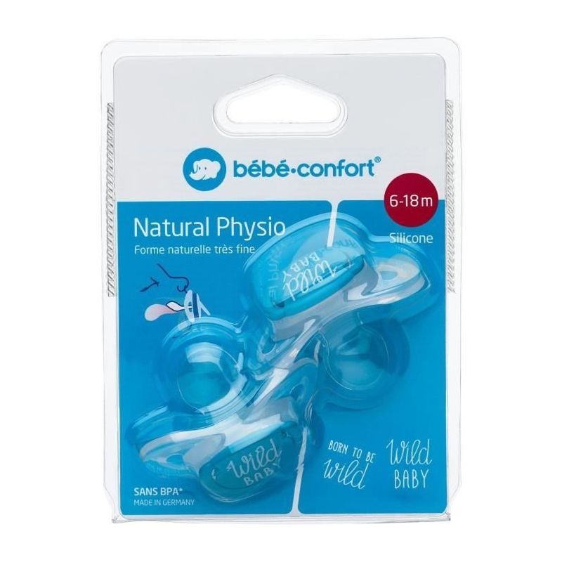 Bebeconfor Bébé Confort Sucette Natural Physio - Silicone 6/18M X2 Wild Baby Bleu