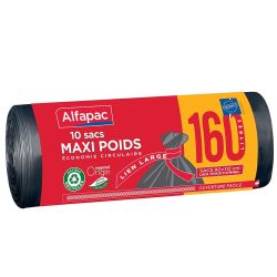 Alfapac 10 Sacs Recyclés Maxi-Poids À Lien Large, Noir, 160L